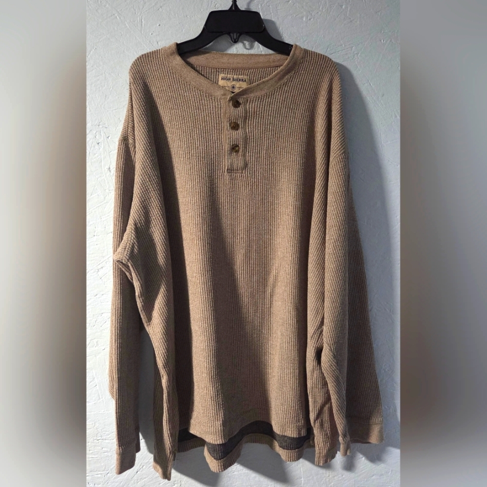 Vintage Y2K High Sierra Beige Waffle Knit Long-Sleeve Henley - XL